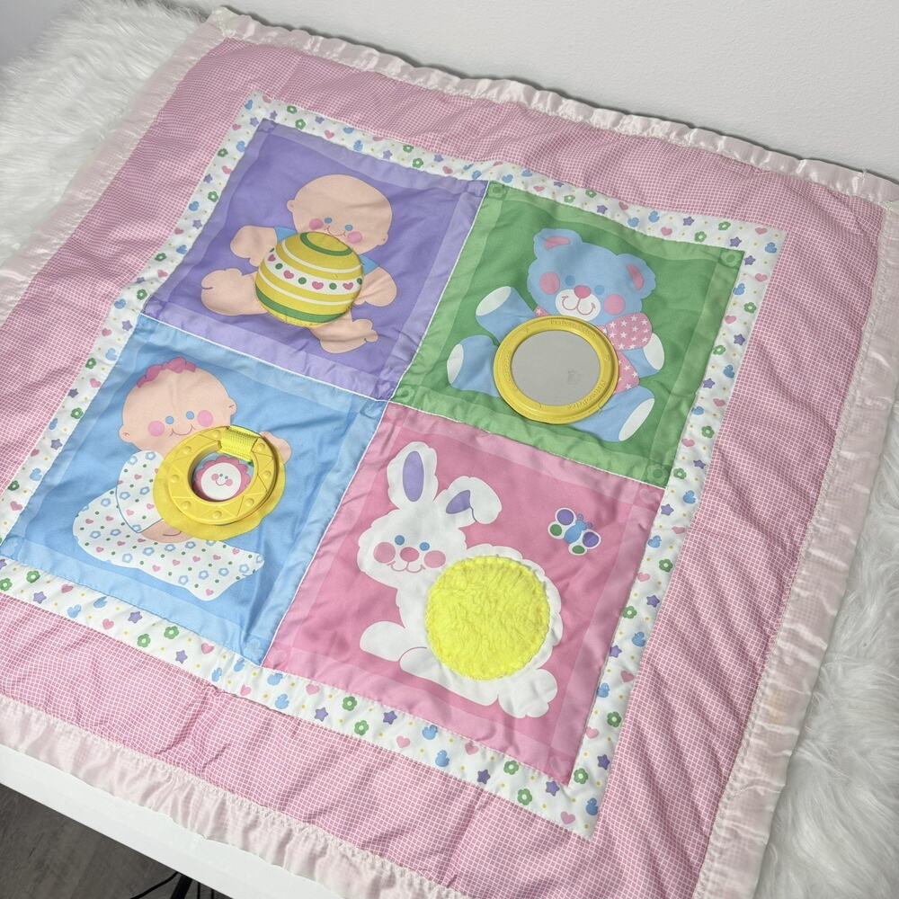 Vintage Retro 1983 Fisher Price Baby Play Mat Activity Blanket Satin Trim 27X28”